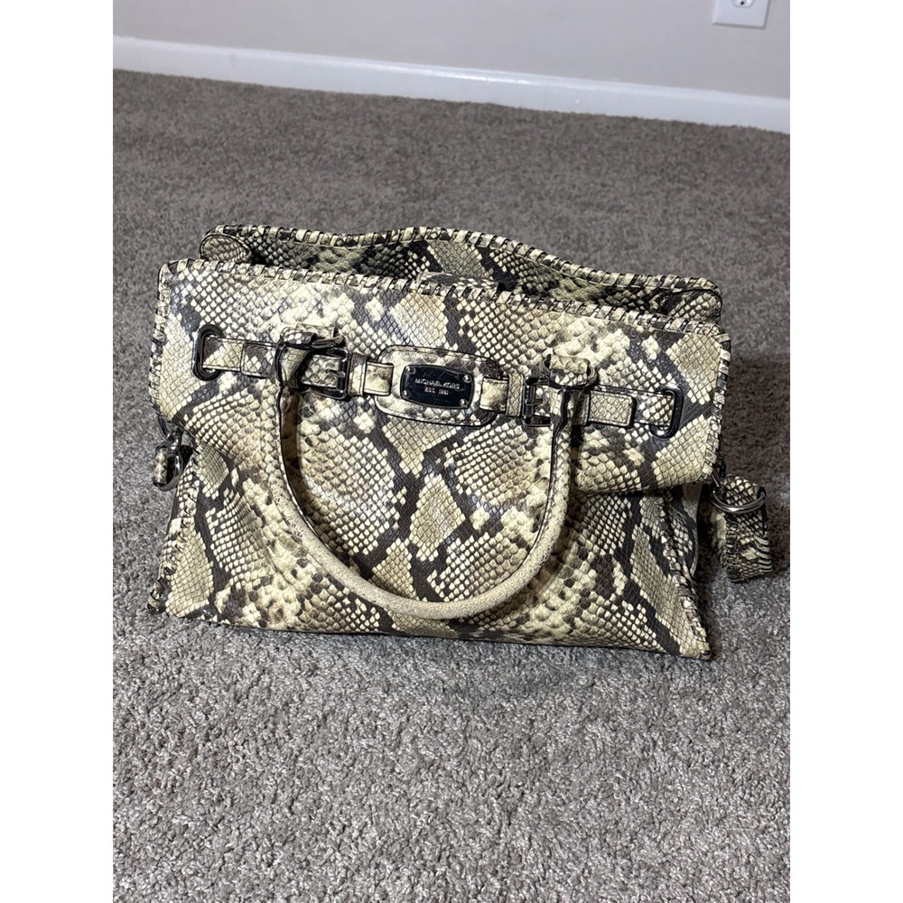 Michael Kors Hamilton Satchel Snakeskin Embossed Leather Handbag Tan Black Large